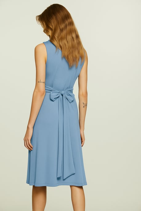 Dusty Light Blue Sleeveless Jersey Dress with Waist Tie in Viscose and Elastane - Image 3