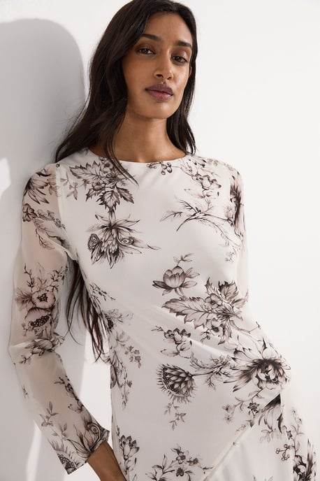 Petite Sheer Viscose Georgette Sketchy Floral Deep V Woven Halter Neck Dress - Image 2