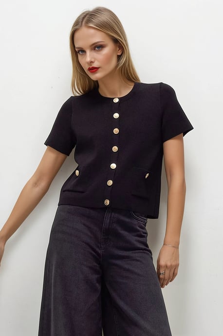 Black Short Sleeve Crew Neck Button Front Cardigan - Image 1