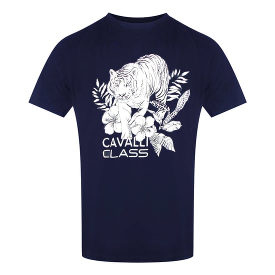 Cavalli Class Tiger Floral Logo Navy T-shirt - Image 1