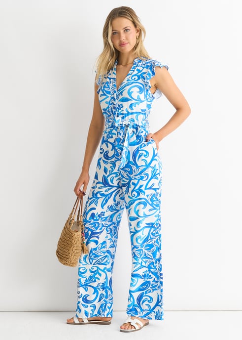Blue Floral Ruffle Sleeeves Jumpsuit - Image 3