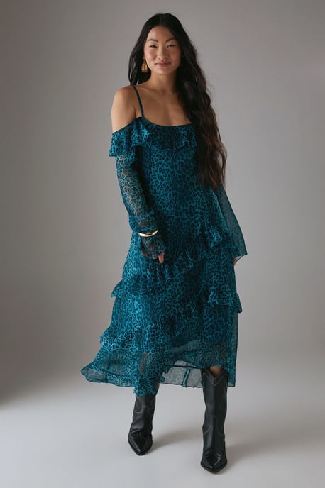 Petite Chiffon Ruffle Cold Shoulder Midi Dress - Image 1