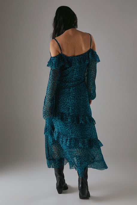 Petite Chiffon Ruffle Cold Shoulder Midi Dress - Image 3