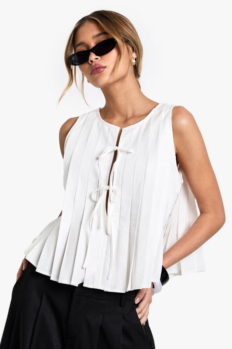 Linen Look Pleated Tie Front Smock Top - Image 1