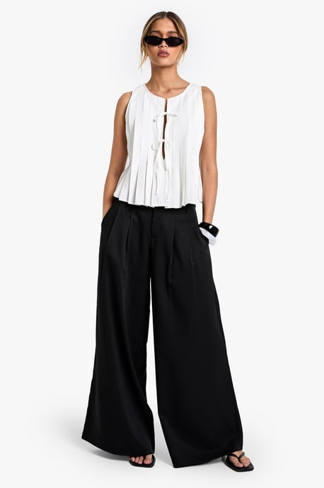 Linen Look Pleated Tie Front Smock Top - Image 3