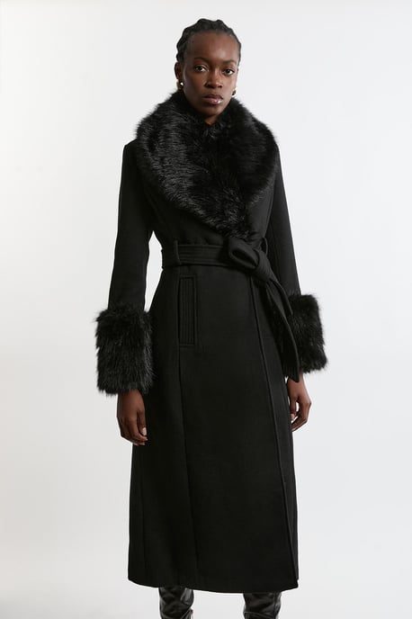 Wool Blend Detachable Faux Fur Belted Midi Coat - Image 1