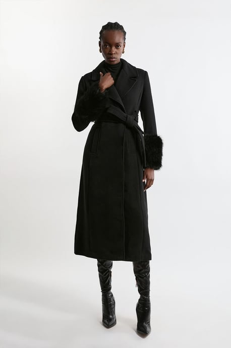 Wool Blend Detachable Faux Fur Belted Midi Coat - Image 2