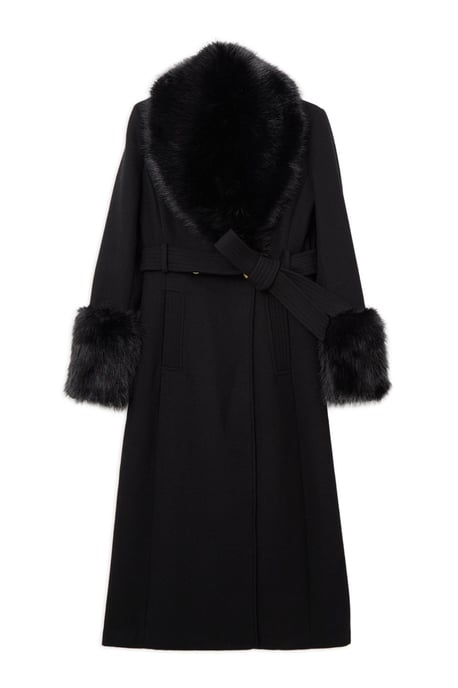 Wool Blend Detachable Faux Fur Belted Midi Coat - Image 4