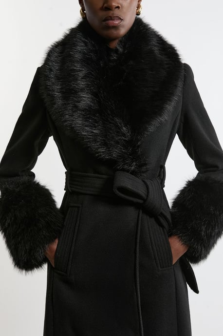 Wool Blend Detachable Faux Fur Belted Midi Coat - Image 5