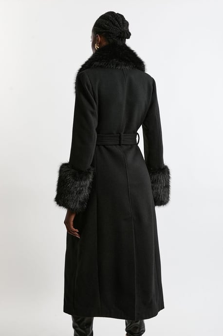 Wool Blend Detachable Faux Fur Belted Midi Coat - Image 6