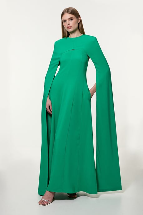 Premium Bonded Viscose Crepe Detachable Cape Woven Maxi Dress - Image 1