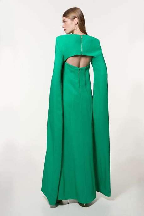 Premium Bonded Viscose Crepe Detachable Cape Woven Maxi Dress - Image 5