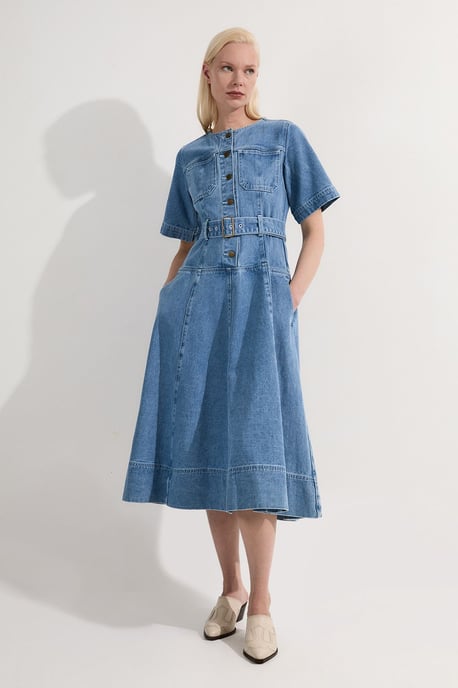 Petite Denim Soft Wash Short Sleeve Belted Midi Dress - Image 1