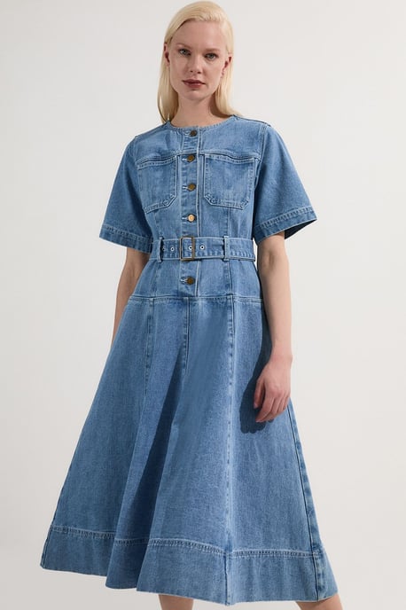 Petite Denim Soft Wash Short Sleeve Belted Midi Dress - Image 3
