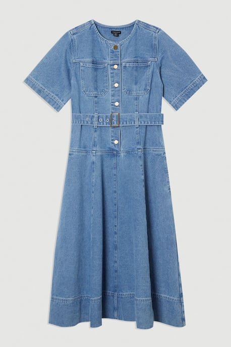 Petite Denim Soft Wash Short Sleeve Belted Midi Dress - Image 4