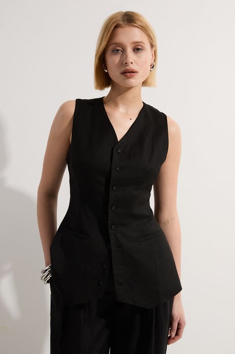Viscose Linen Woven Longline Waistcoat - Image 1