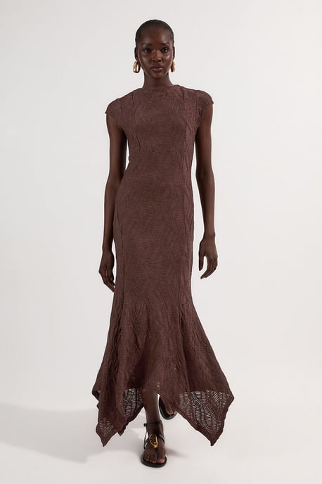 Textured Hanky Hem Short Sleeve Trim Detail Jersey Maxi Dress - Image 1