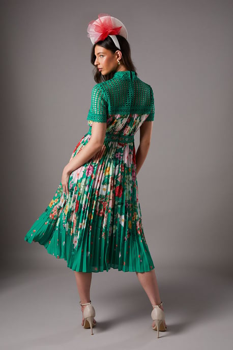 Lisa Tan Lace Pleated Printed Midi Dress - Image 3