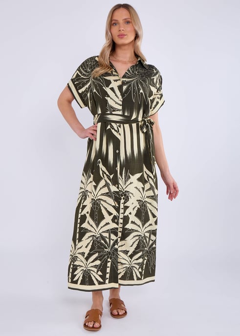 Khaki Tropical Print Midi Shirt Dress - Image 1