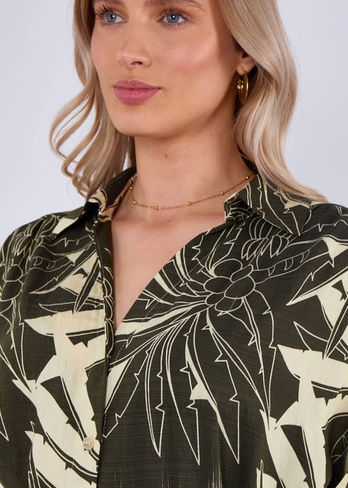 Khaki Tropical Print Midi Shirt Dress - Image 2