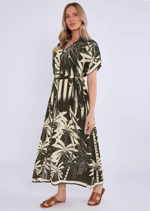 Khaki Tropical Print Midi Shirt Dress - Image 3