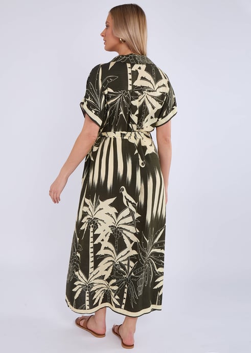 Khaki Tropical Print Midi Shirt Dress - Image 4