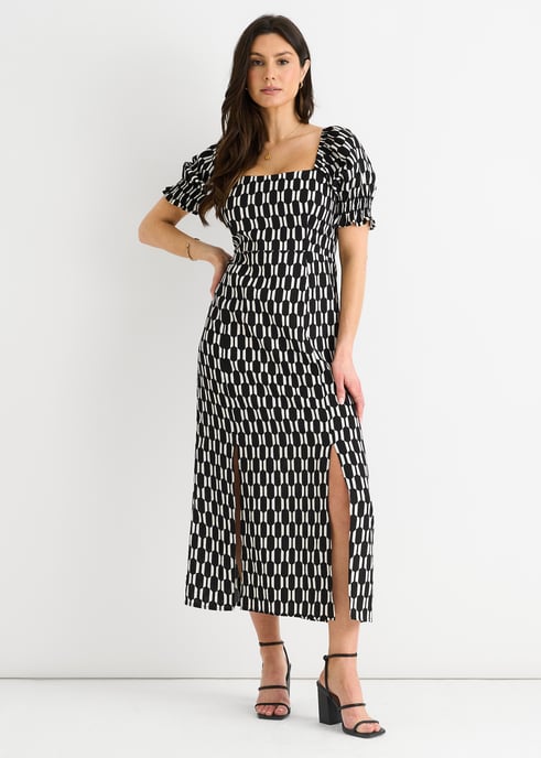 Black Geo Print Square Neck Midi Dress - Image 1