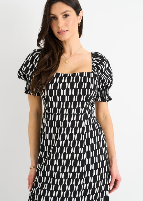 Black Geo Print Square Neck Midi Dress - Image 2