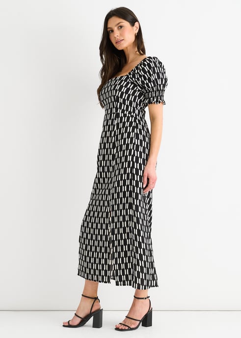 Black Geo Print Square Neck Midi Dress - Image 3