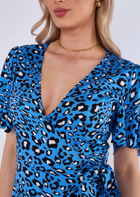 Blue Animal Print Viscose Wrap Midi Dress - Image 2