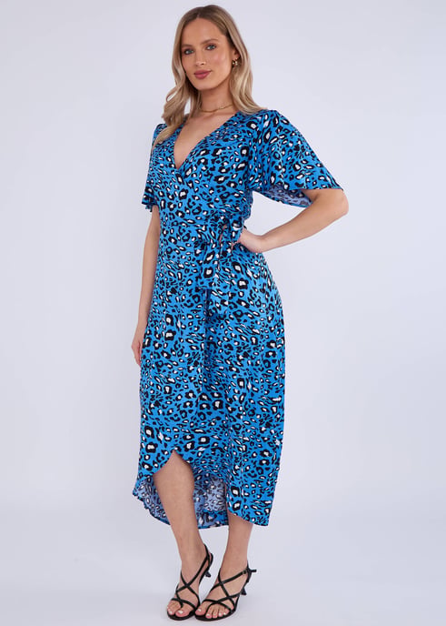 Blue Animal Print Viscose Wrap Midi Dress - Image 3