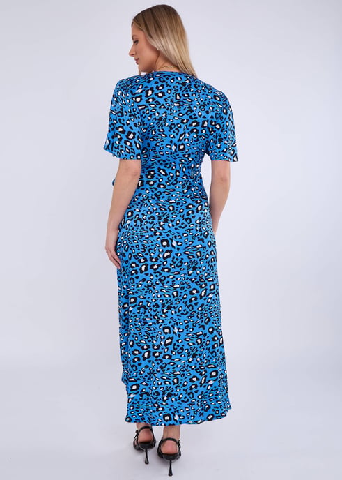 Blue Animal Print Viscose Wrap Midi Dress - Image 4