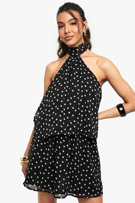Polka Dot Chiffon Scarf Detail Mini Dress - Image 1