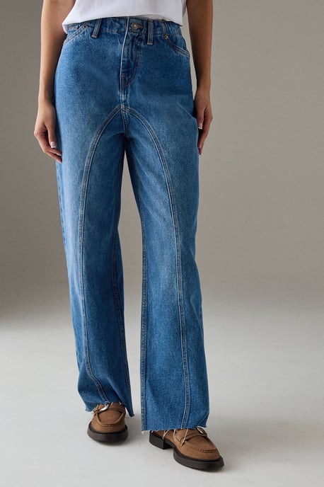 Washed Raw Waist Seam Detail Denim Dad Jean - Image 1