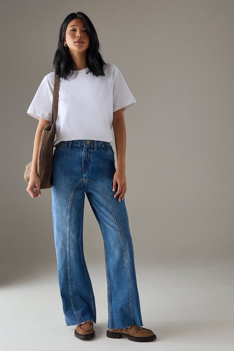 Washed Raw Waist Seam Detail Denim Dad Jean - Image 2