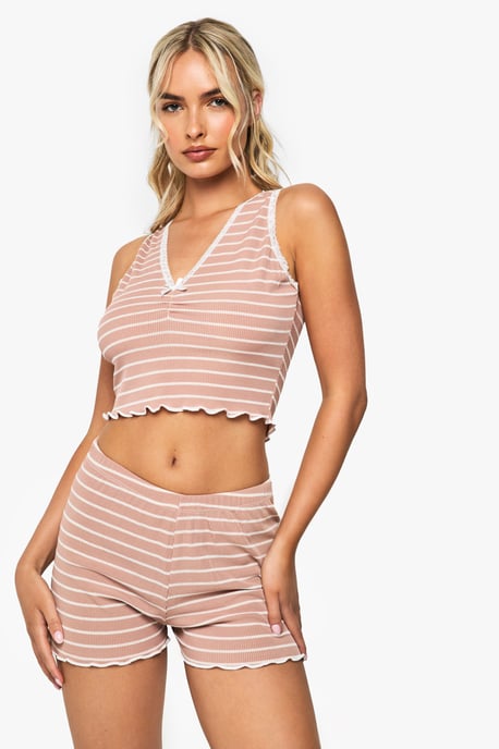 Lace Trim Striped Vest & Shorts Pyjama Set - Image 1