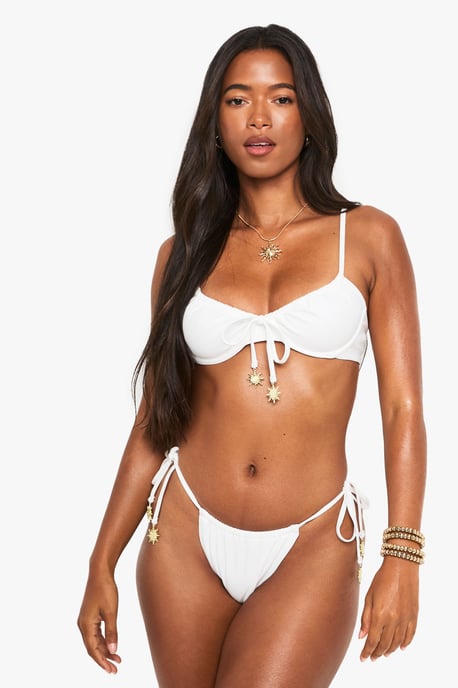 Sunshine Charm Trim Ruched Tie Side Bikini Bottoms - Image 1