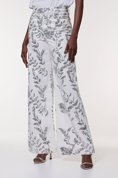 Denim All Over Floral Sequin Wide Leg Trousers - Image 2