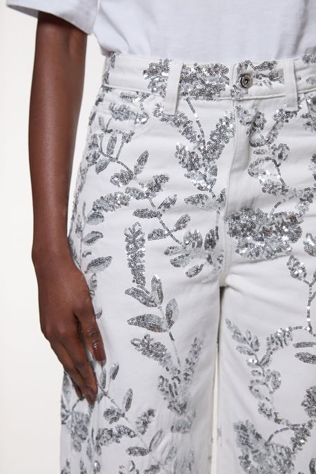Denim All Over Floral Sequin Wide Leg Trousers - Image 3