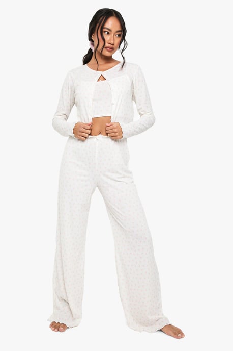 Mix & Match Floral Print Soft Rib Wide Leg Pyjama Trouser - Image 3