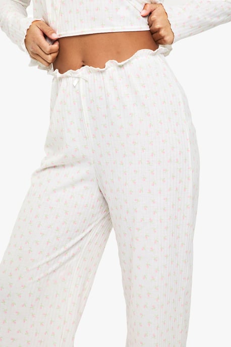 Mix & Match Floral Print Soft Rib Wide Leg Pyjama Trouser - Image 4