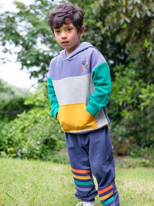 Frugi Boys Bowen Colour Block Hoodie - Purple - Image 2