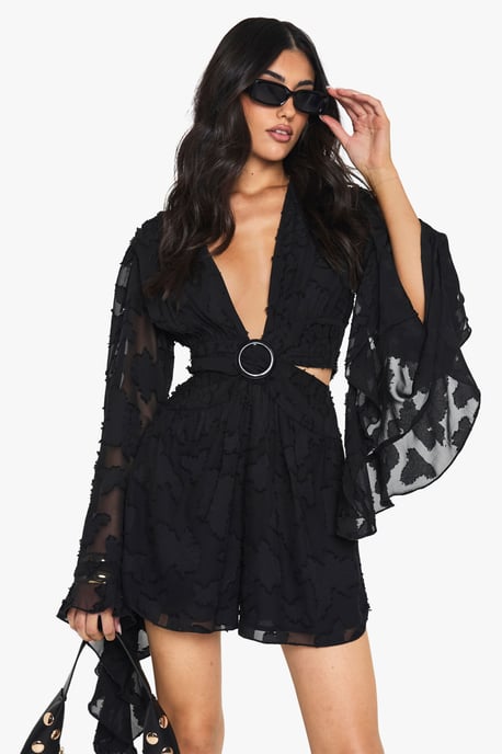 Burnout Floral Wide Sleeve Playsuit - Image 1
