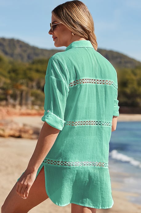 Teal Longline Cut Out Detail Beach Shirt - Image 3