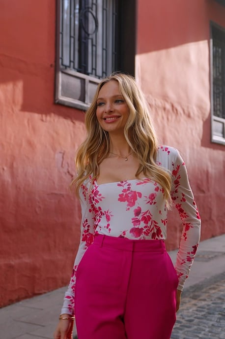 Ivory & Pink Floral Print Mesh Top - Image 5