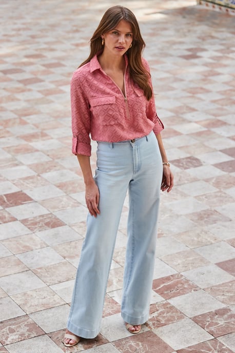 Light Wash Blue Denim Stretch Wide Leg Jeans - Image 1
