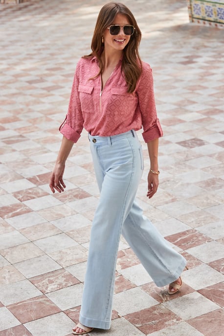 Light Wash Blue Denim Stretch Wide Leg Jeans - Image 2