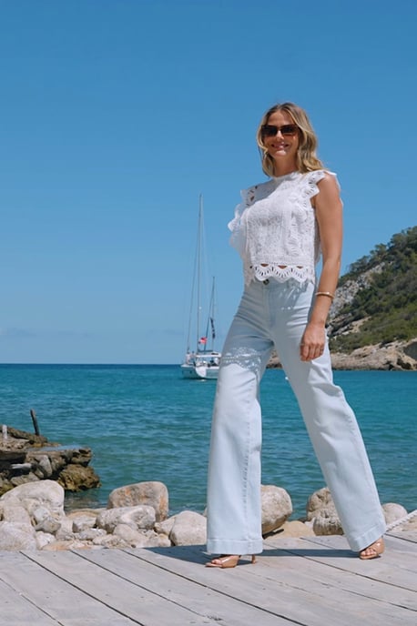 Light Wash Blue Denim Stretch Wide Leg Jeans - Image 4