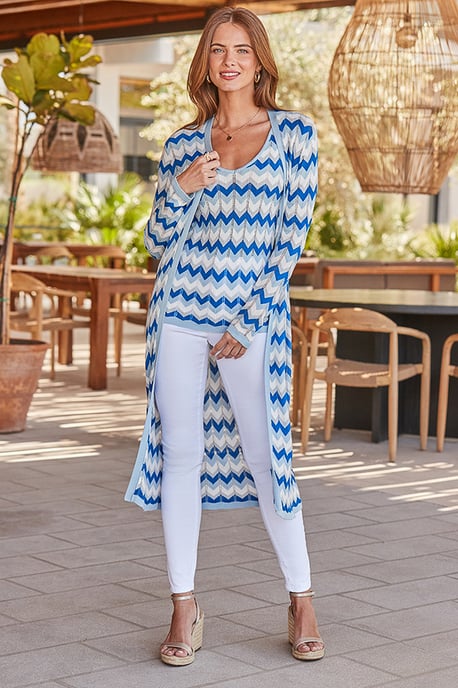 Blue Metallic Chevron Print Longline Cardigan - Image 4