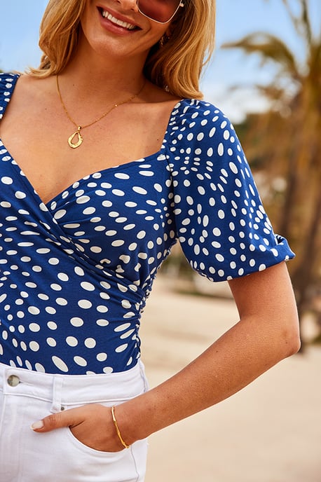 Navy Blue & White Spot Print Sweetheart Neckline Top - Image 4